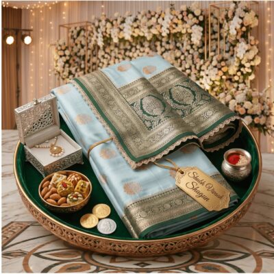 Katan Silk Woven Saree Ice Blue — view 1 | TARINÉ