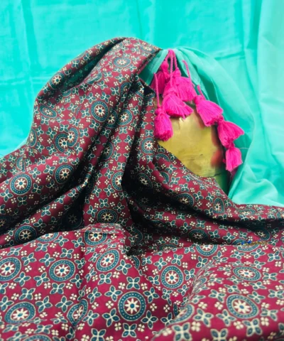 Handloom Plain Mulmul Saree — Turquoise Blue — border and pallu