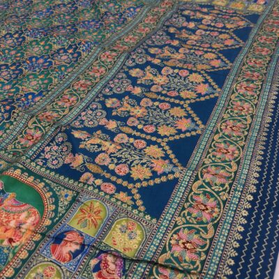 Viscose Banna-Banni Print Saree — Rama Green & Peacock Blue — blouse piece detail