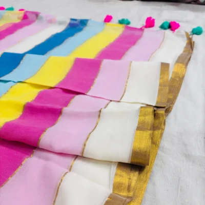 Handloom Mulmul Zari Stripe Saree — Multicolour — drape view