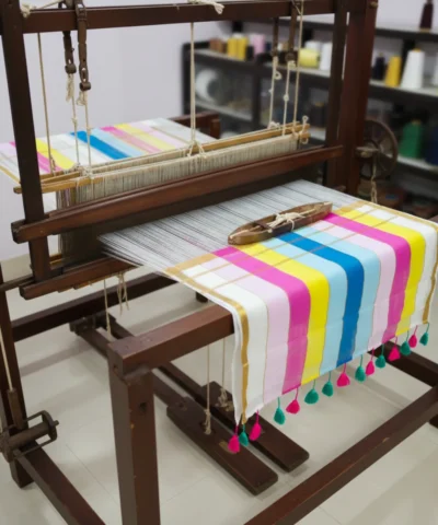 Handloom Mulmul Zari Stripe Saree — Multicolour — detail view