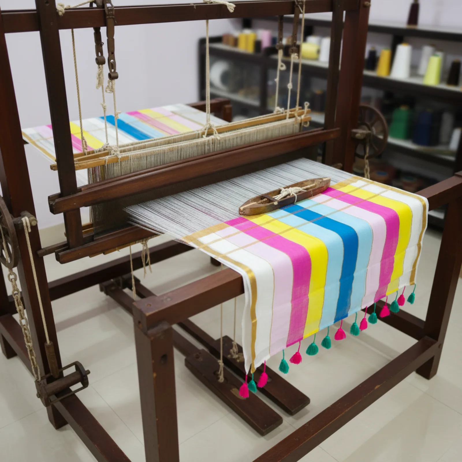Handloom Mulmul Zari Stripe Saree — Multicolour — detail view