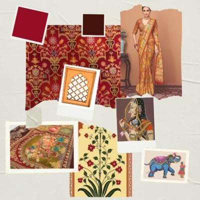 Viscose Banna-Banni Print Saree — Orange & Red — full length view