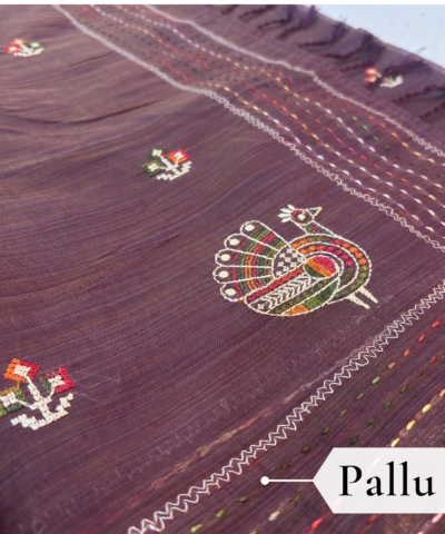 Khadi Embroidered Saree Wine — view 4 | TARINÉ