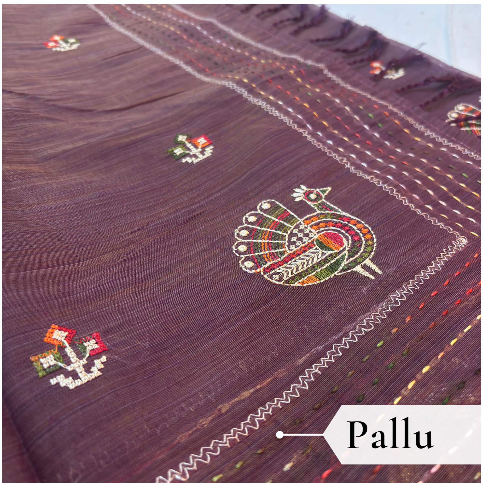 Khadi Embroidered Saree Wine — view 4 | TARINÉ
