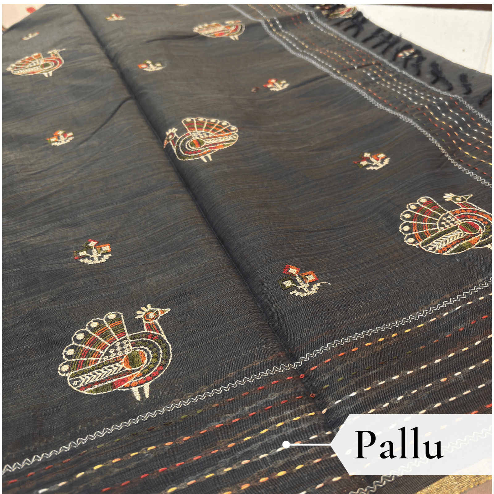 Khadi Embroidered Saree Bottle Green — view 4 | TARINÉ