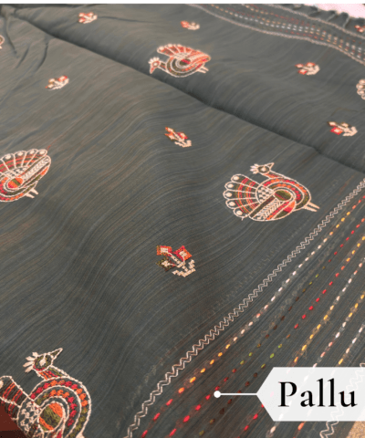 Khadi Embroidered Saree Leaf Green — view 5 | TARINÉ
