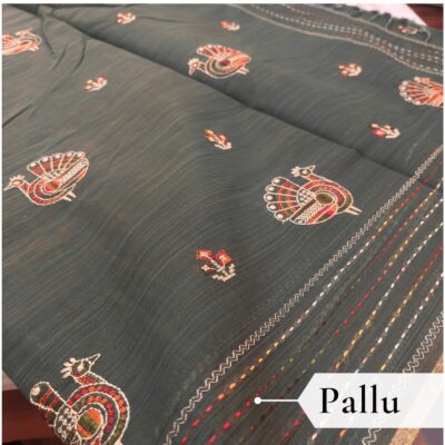 Khadi Embroidered Saree Leaf Green — view 5 | TARINÉ