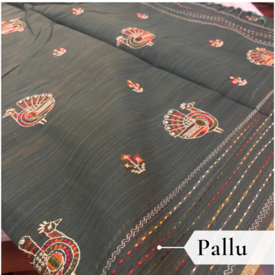 Khadi Embroidered Saree Leaf Green — view 5 | TARINÉ
