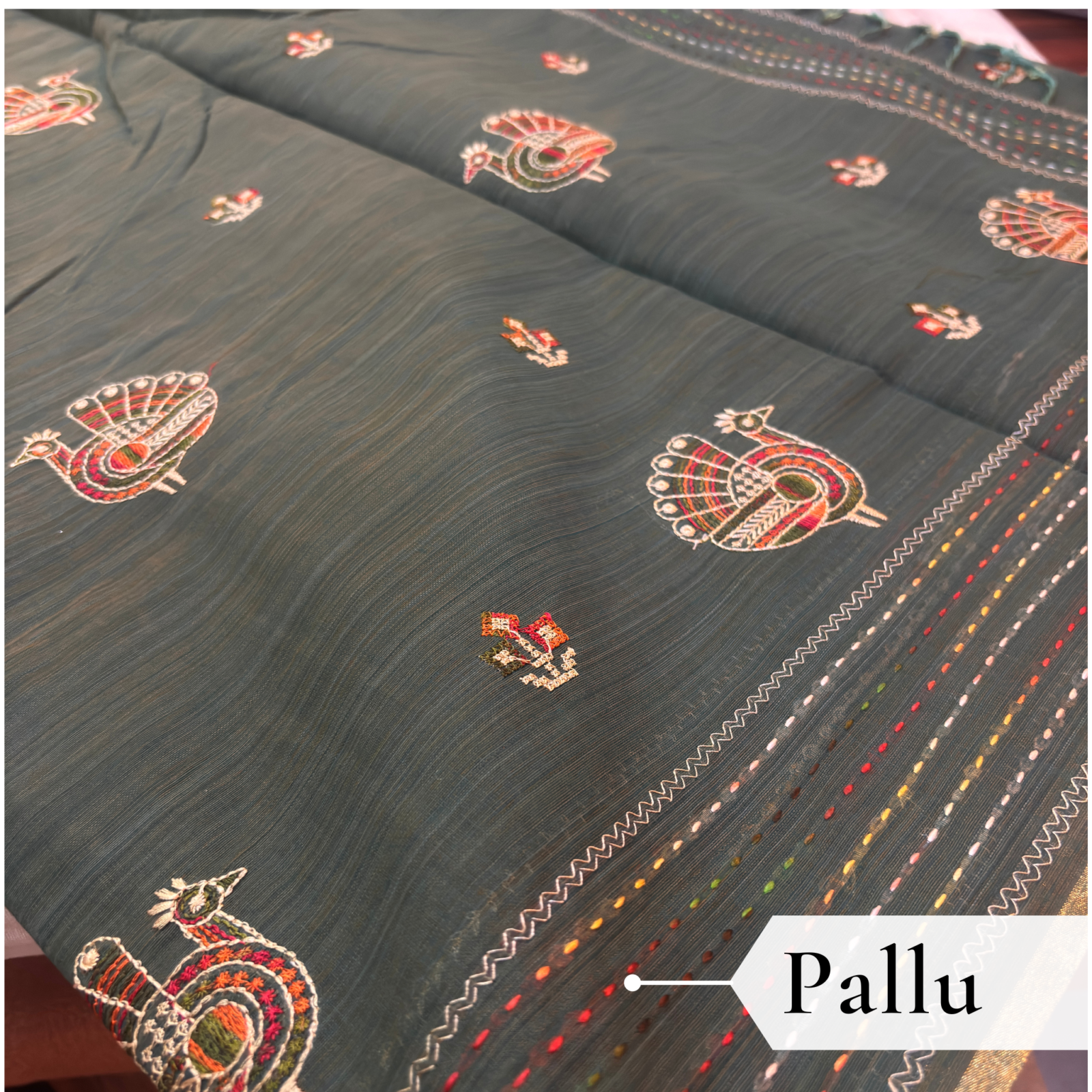 Khadi Embroidered Saree Leaf Green — view 5 | TARINÉ