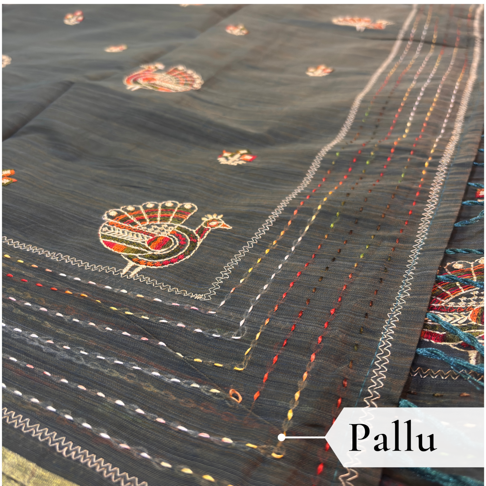 Khadi Embroidered Saree Grey — view 4 | TARINÉ
