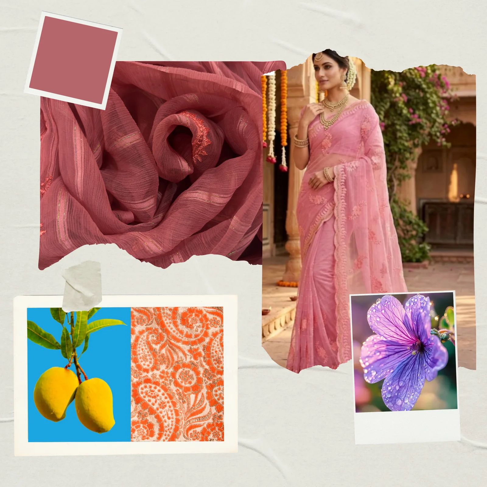Viscose Chiffon Embroidered Saree — Carrot Red — flat lay