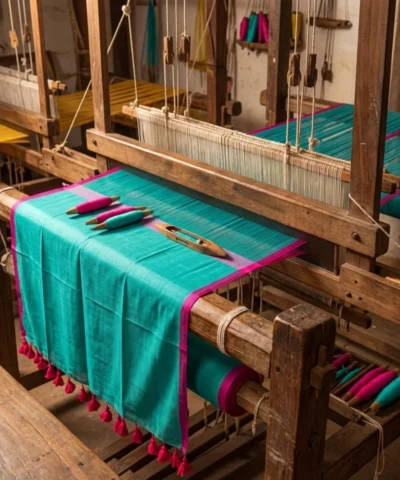 Handloom Plain Mulmul Saree — Turquoise Blue — detail view