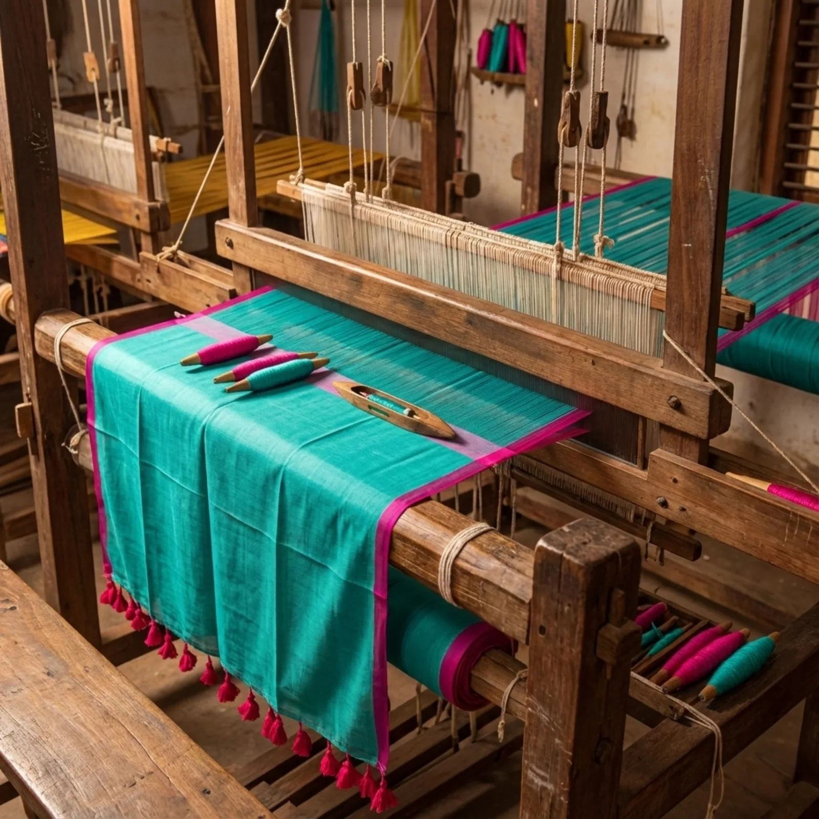 Handloom Plain Mulmul Saree — Turquoise Blue — detail view