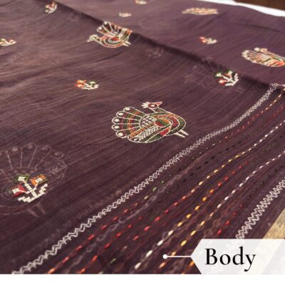 Khadi Embroidered Saree Wine — view 2 | TARINÉ