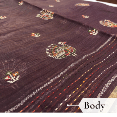 Khadi Embroidered Saree Wine — view 2 | TARINÉ