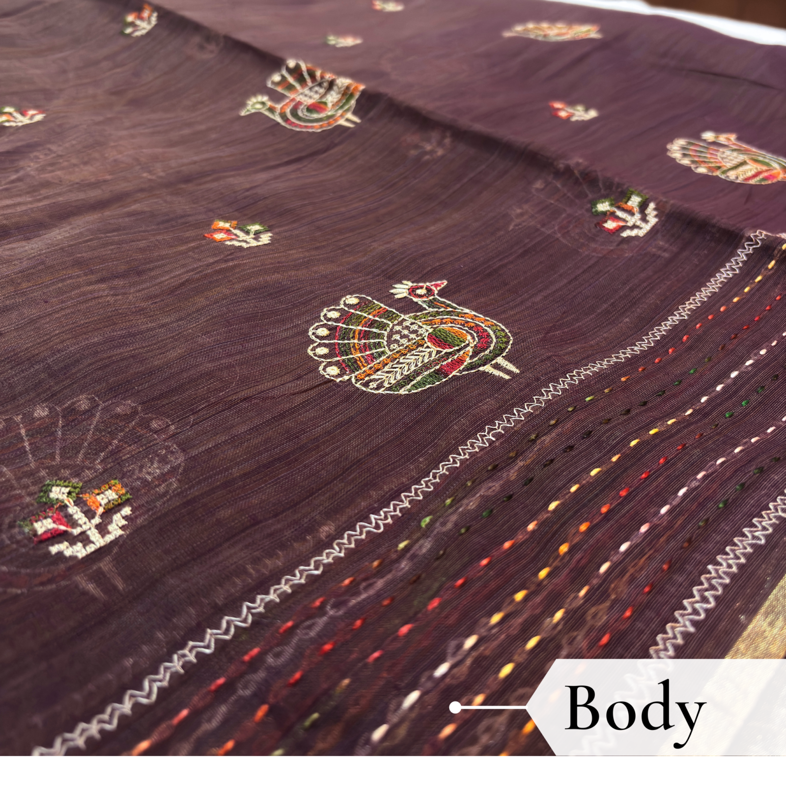 Khadi Embroidered Saree Wine — view 2 | TARINÉ