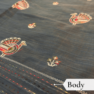 Khadi Embroidered Saree Bottle Green — view 2 | TARINÉ