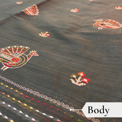 Khadi Embroidered Saree Leaf Green — view 4 | TARINÉ
