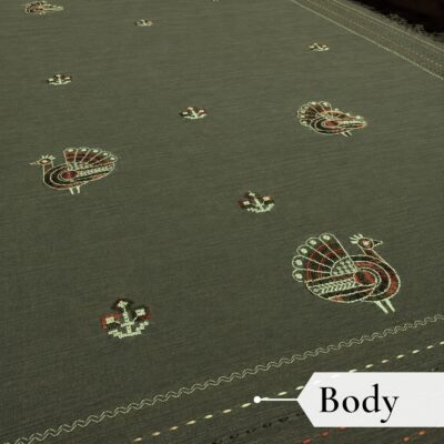 Khadi Embroidered Saree Olive Green — view 2 | TARINÉ
