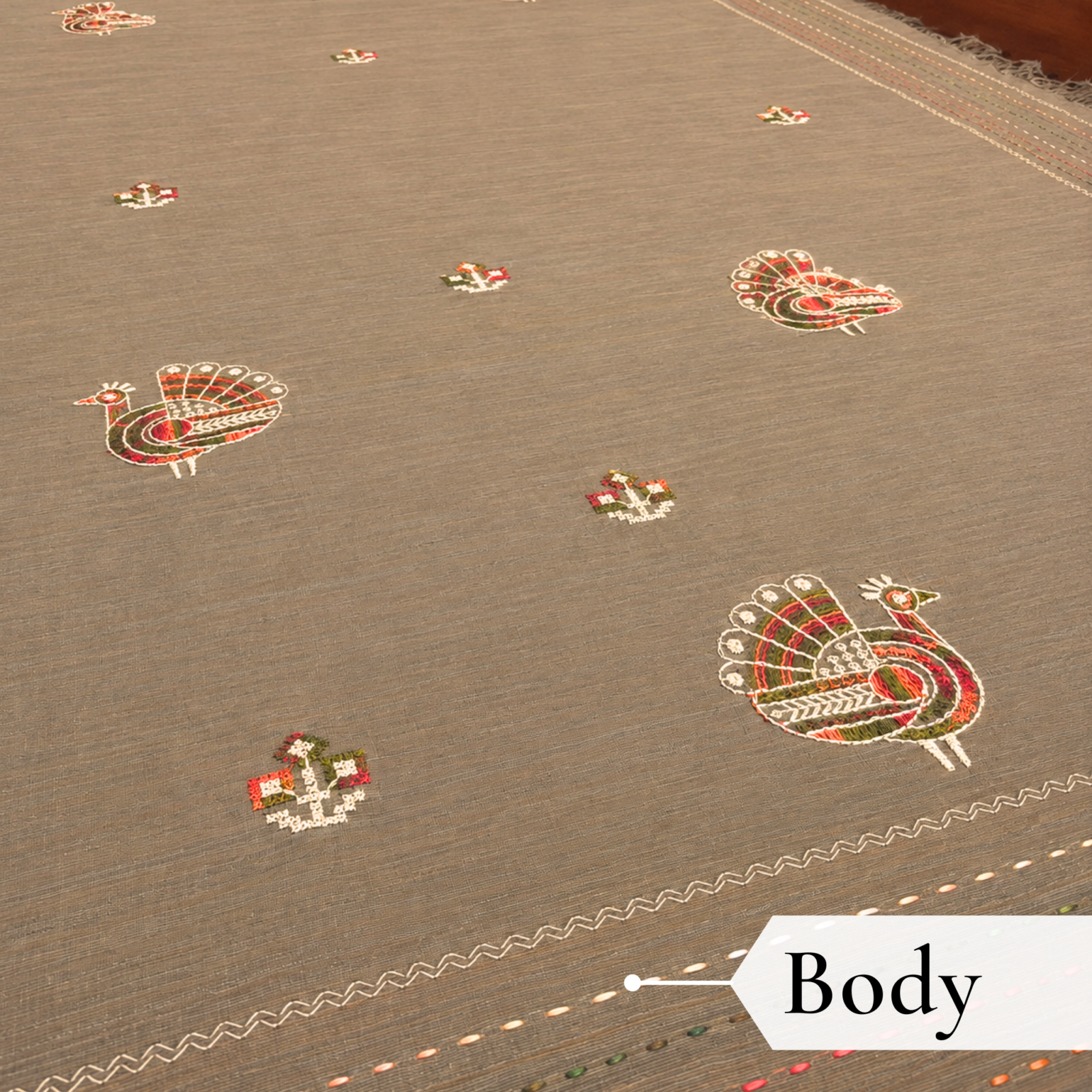 Khadi Embroidered Saree Brown — view 2 | TARINÉ