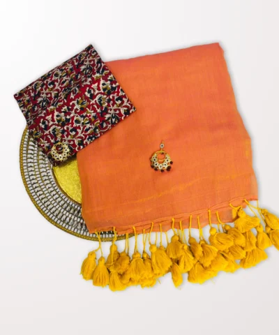 Handloom Plain Mulmul Saree — Orange