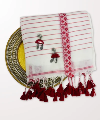 Handloom Bengal Cotton Jamdani Saree — White and Red