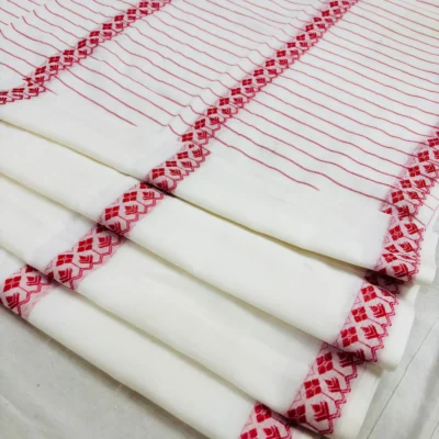 Handloom Bengal Cotton Jamdani Saree — White and Red — drape view