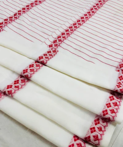 Handloom Bengal Cotton Jamdani Saree — White and Red — drape view