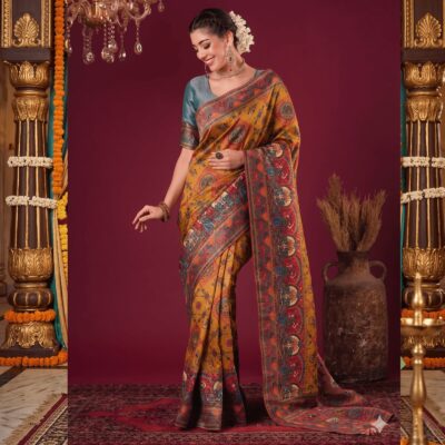 Viscose Kalamkari Saree Mustard Yellow — view 1 | TARINÉ