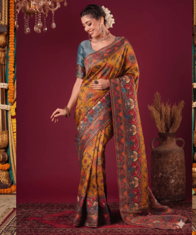 Viscose Kalamkari Saree Mustard Yellow — view 1 | TARINÉ