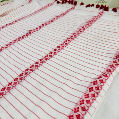 Handloom Bengal Cotton Jamdani Saree — White and Red — detail view
