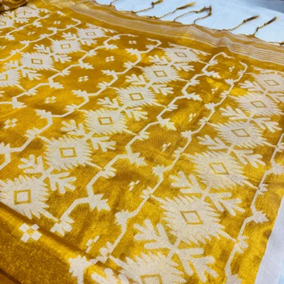 Tissue Cotton Jamdani Saree — Golden — drape view