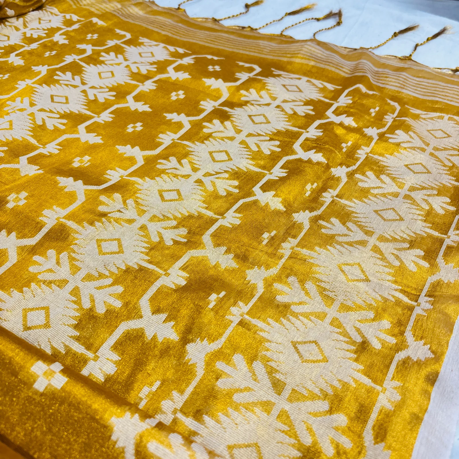 Tissue Cotton Jamdani Saree — Golden — drape view