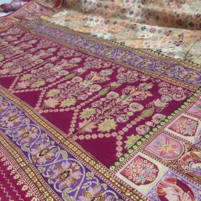 Viscose Banna-Banni Print Saree — Peach & Cream — full length view