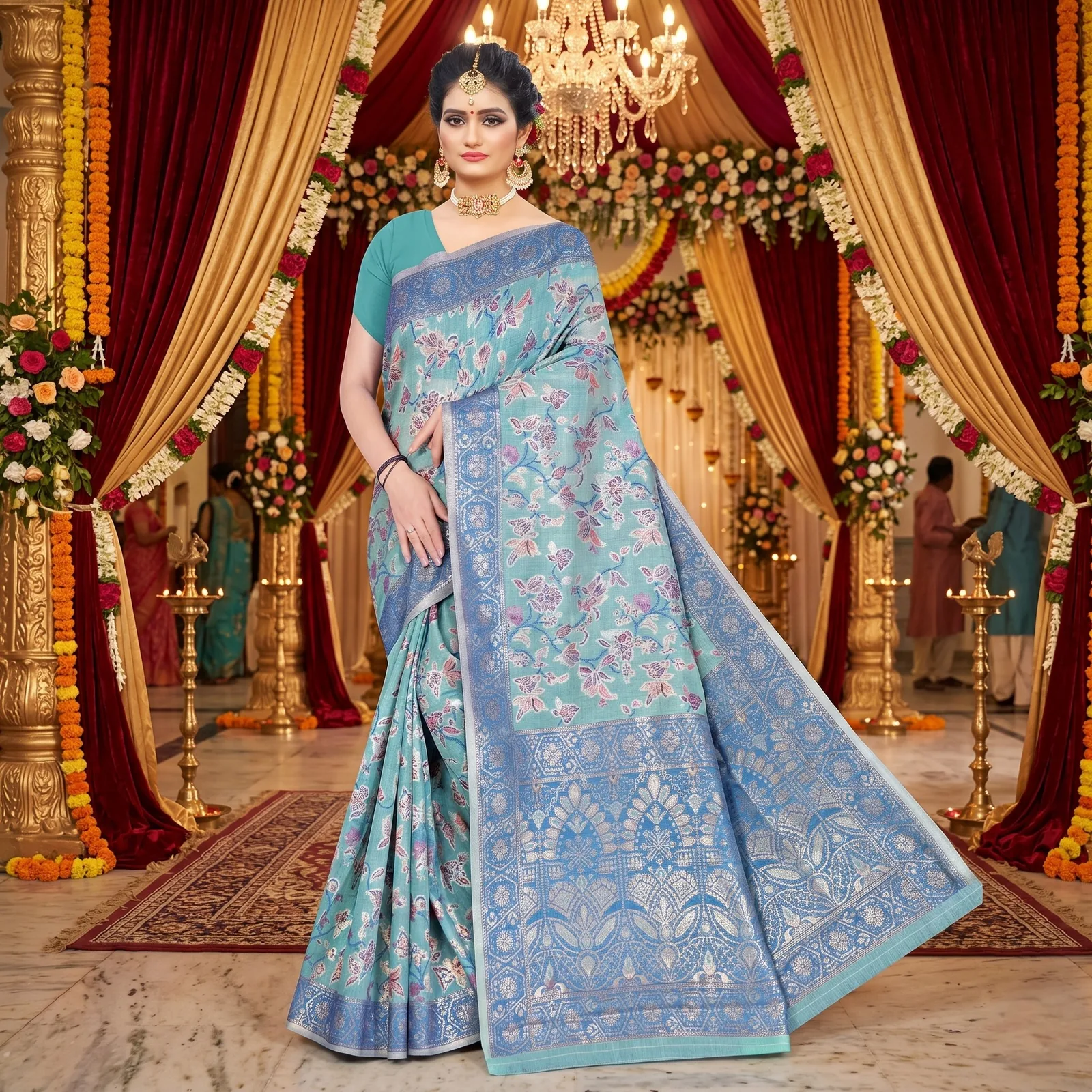 Cotton Kasuti Woven Saree — Rama Green — border and pallu