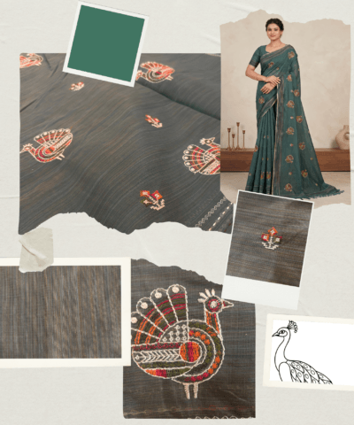 Khadi Embroidered Saree Leaf Green — view 2 | TARINÉ