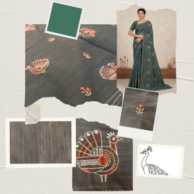 Khadi Embroidered Saree Leaf Green — view 2 | TARINÉ