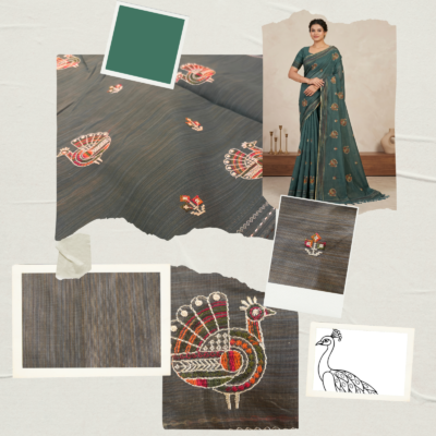 Khadi Embroidered Saree Leaf Green — view 2 | TARINÉ