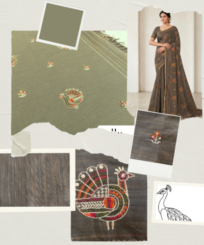 Khadi Embroidered Saree Olive Green — view 6 | TARINÉ