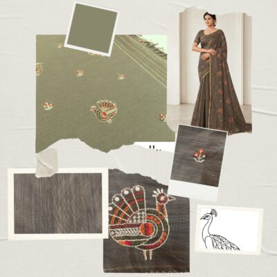 Khadi Embroidered Saree Olive Green — view 6 | TARINÉ