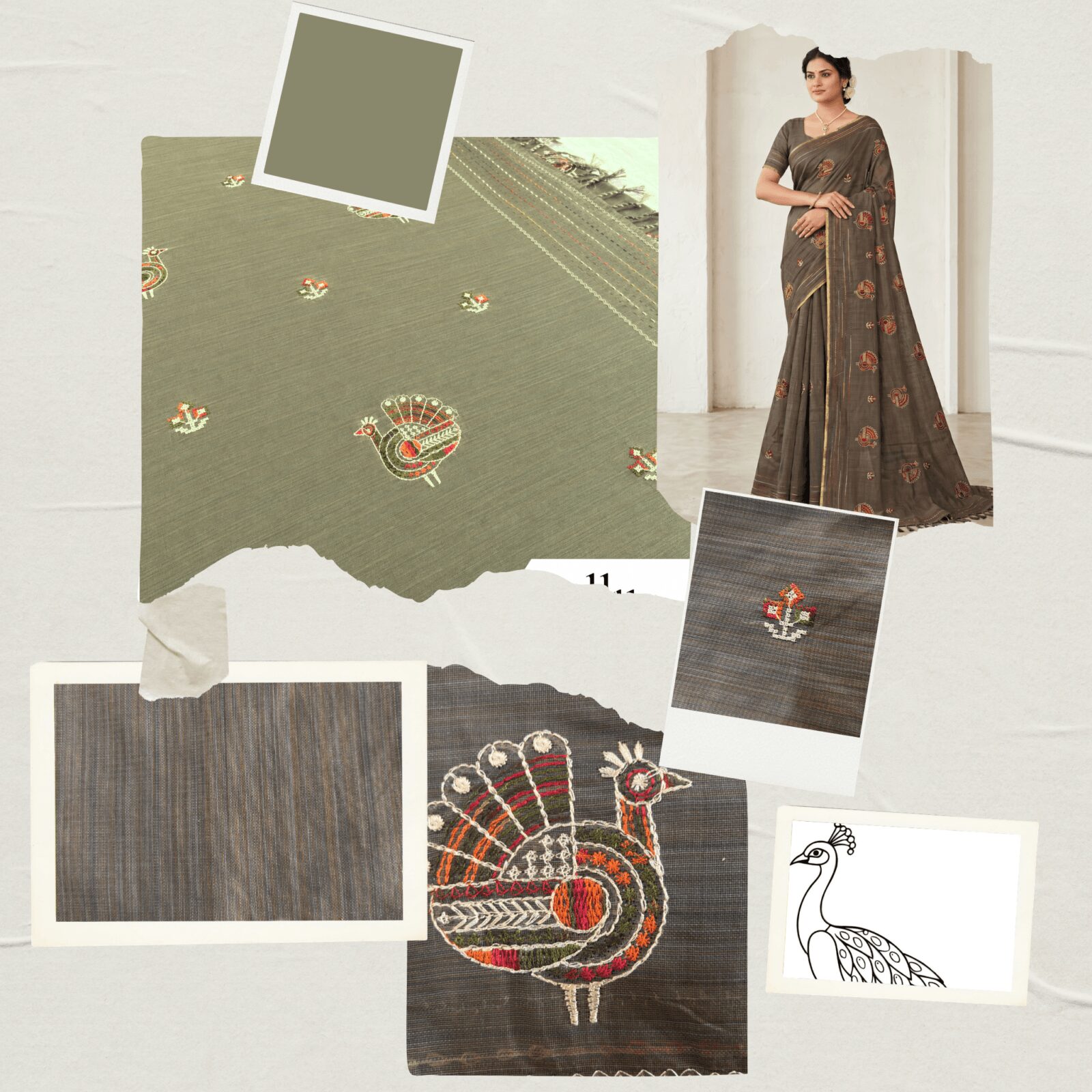 Khadi Embroidered Saree Olive Green — view 6 | TARINÉ