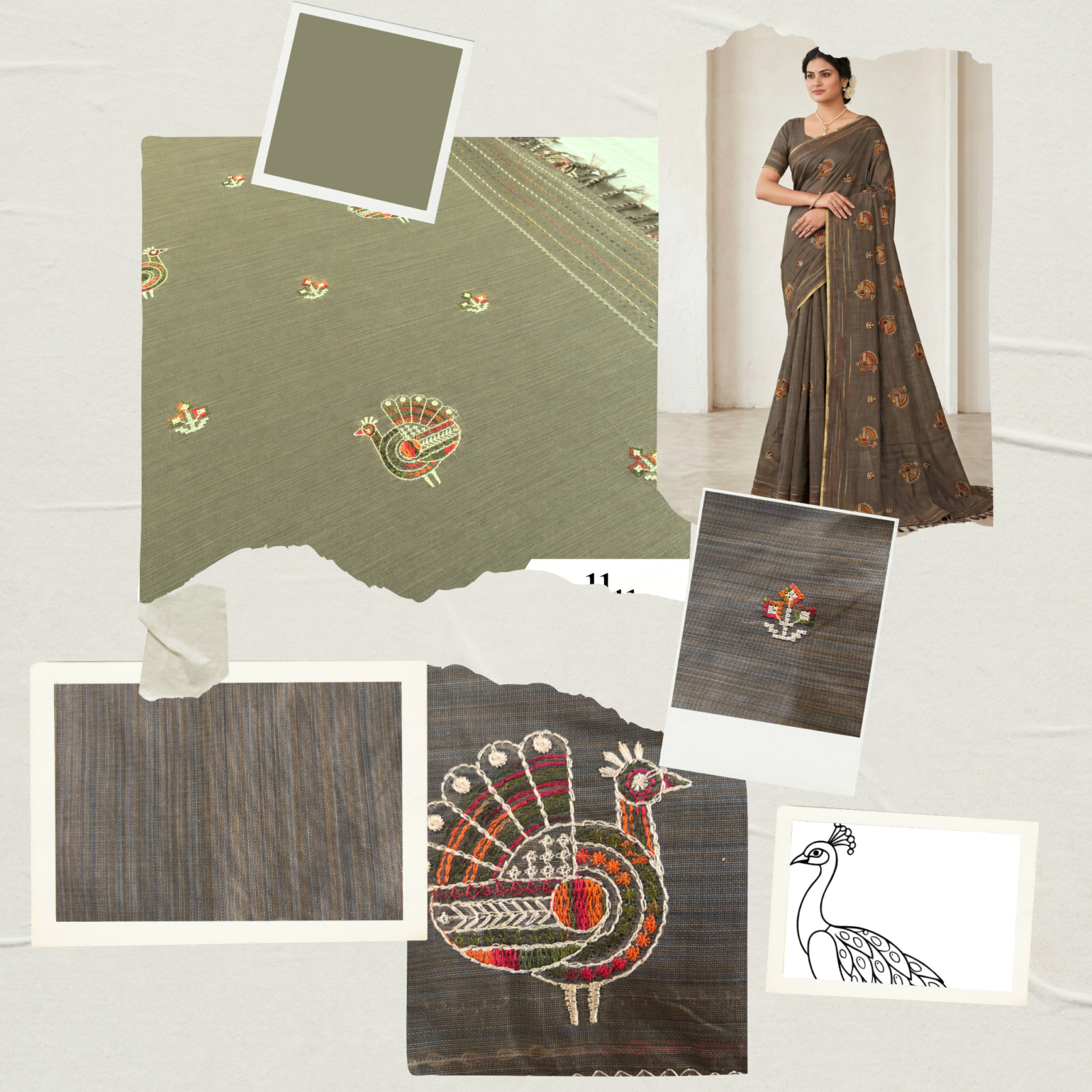 Khadi Embroidered Saree Olive Green — view 6 | TARINÉ