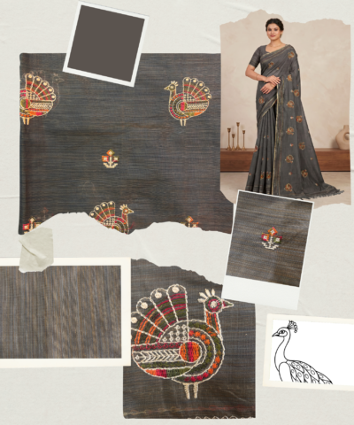 Khadi Embroidered Saree Grey — view 6 | TARINÉ