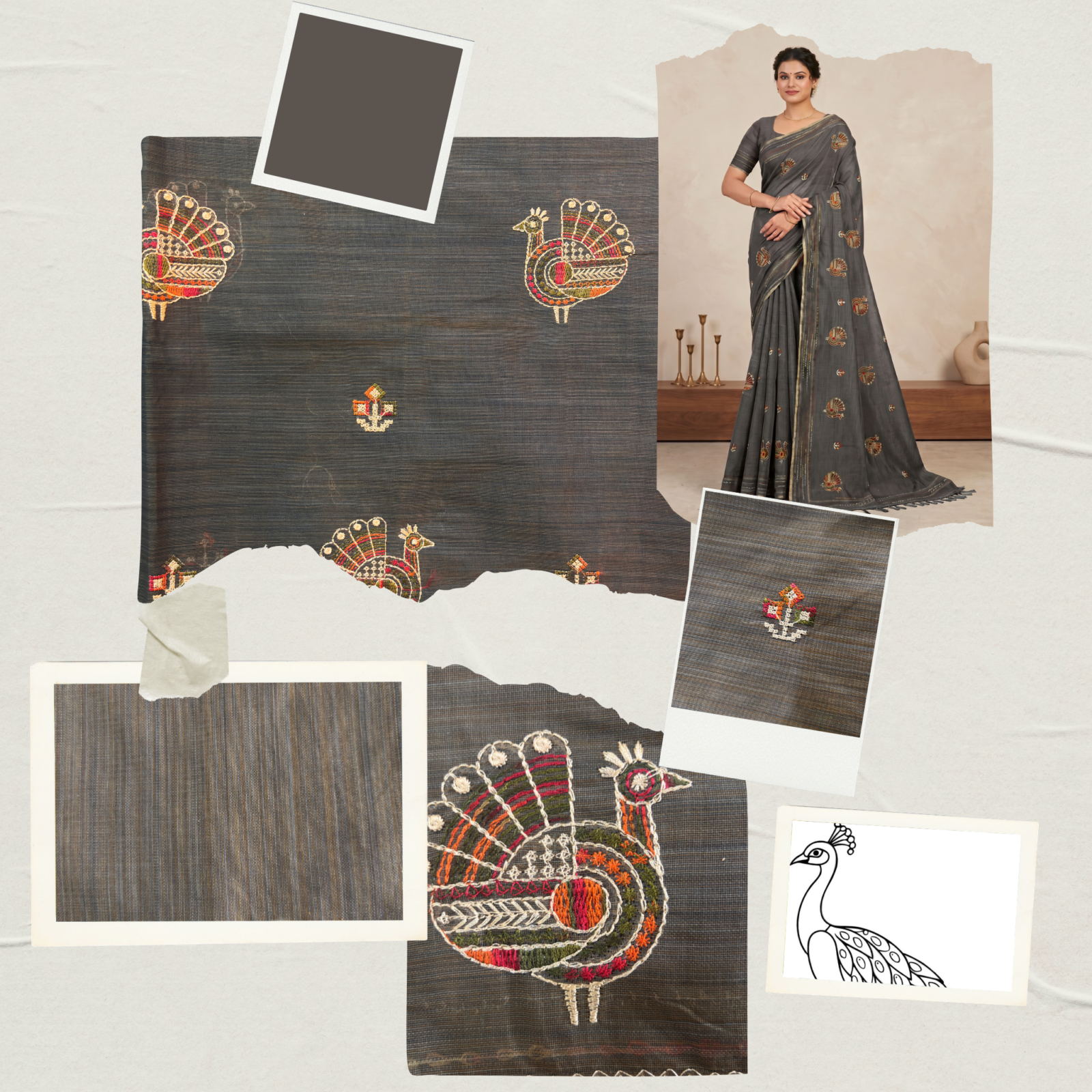 Khadi Embroidered Saree Grey — view 6 | TARINÉ
