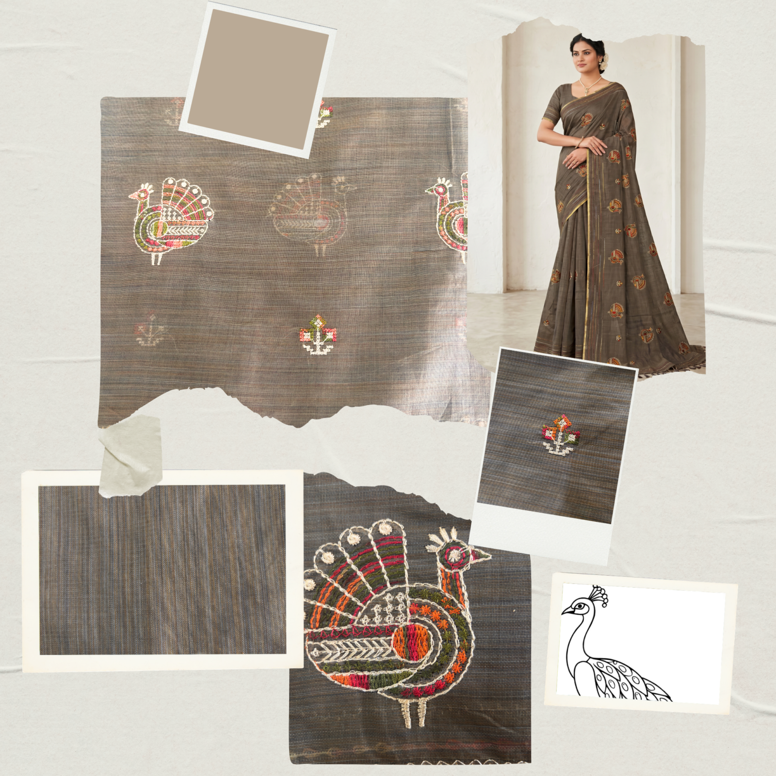 Khadi Embroidered Saree Brown — view 6 | TARINÉ