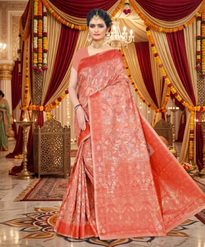Cotton Kasuti Woven Saree — Peach — border and pallu