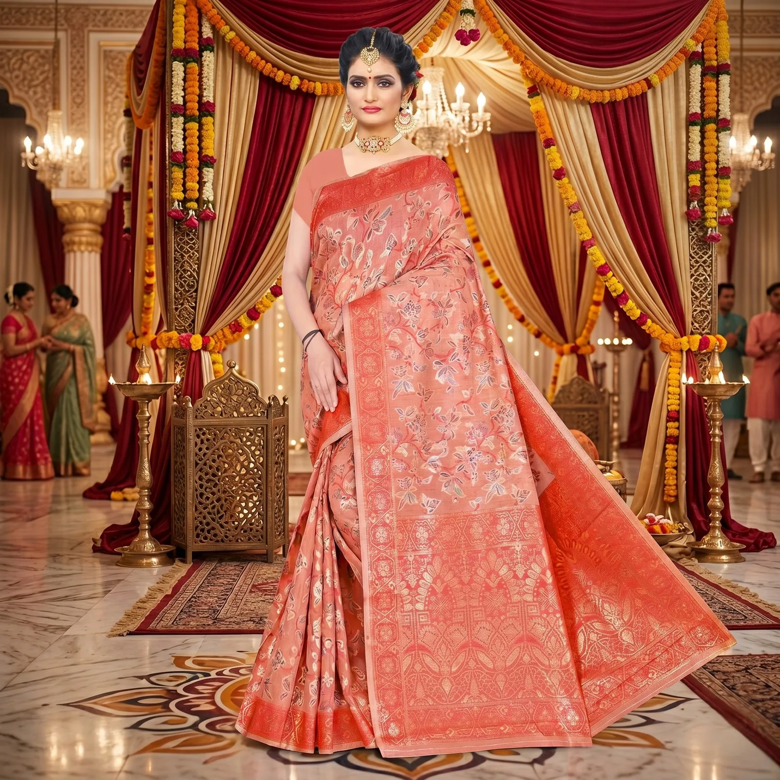 Cotton Kasuti Woven Saree — Peach — border and pallu