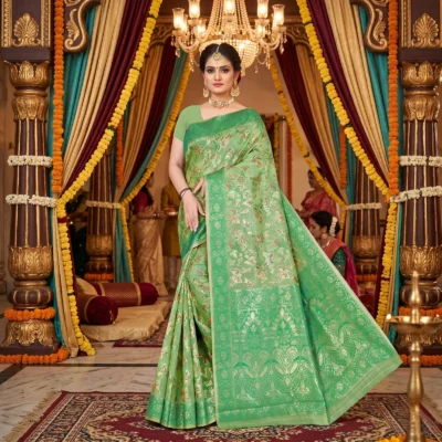 Cotton Kasuti Woven Saree — Lime Green — border and pallu