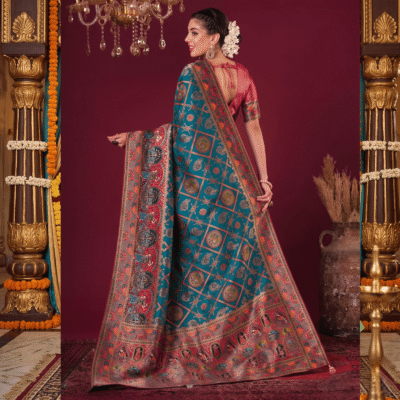 Viscose Kalamkari Saree Peacock Blue — view 1 | TARINÉ